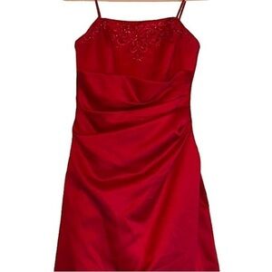 Davids Bridal Spaghetti Strap A Line Gown Red Satin Embroidery & Sequins Size 8